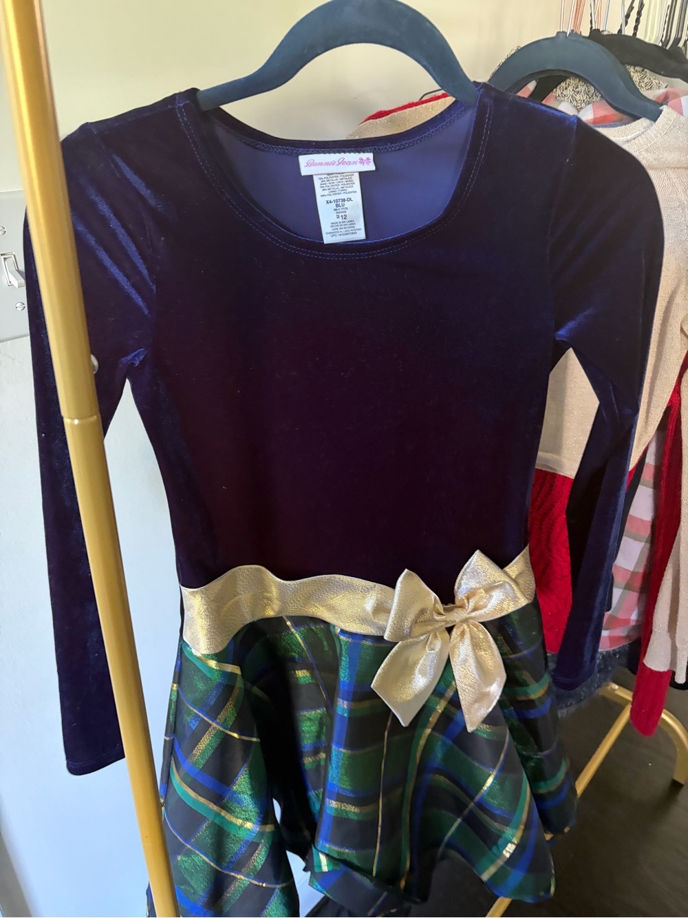 Bonnie Jean Navy Velvet and Green Plaid Dress with Gold Bow